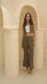 Olive Co-Ord with Open Waistcoat-Top & Flared-Pants