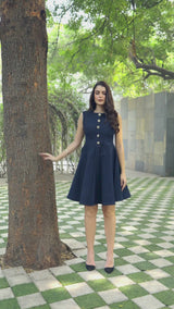 Navy Denim Knee-Length A-Line Corset Cocktail Dress