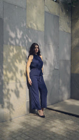 Navy Halter-Neck Cocktail Jumpsuit with Tie-Belt