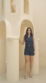 Criss-Cross Pattern Navy Denim Co-Ord with Waistcoat Top & Shorts