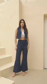 Cobalt-Blue Denim Co-Ord with Open Waistcoat-Top & Flared-Pants