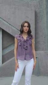 Glitzy Lilac V-Neck Top with Frills